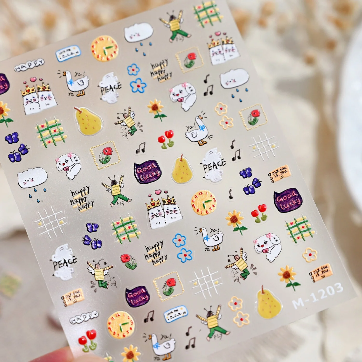 Duck Dog Butterfly Bear Cat Beer Bowknot Star Ice Cream Clock Pear Bird Note Flower Adhesive 5D Nail Art Sticker Manicure Decals