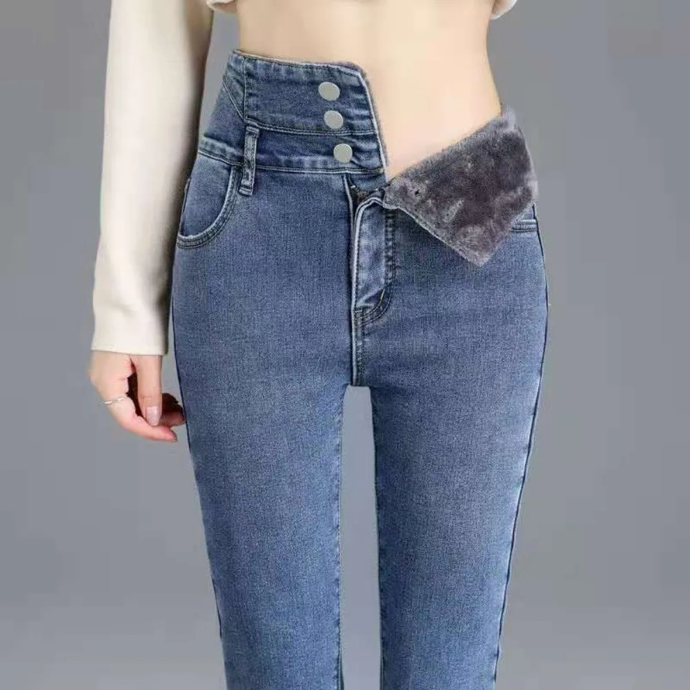 Pantalones vaqueros gruesos de vellón para mujer, Jeans ajustados de cintura alta, pantalones de lápiz elásticos con botones, Jeans de terciopelo informales para mamá, invierno, alta calidad