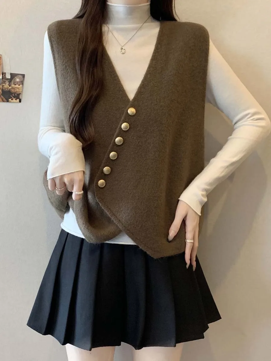 Ladies Knitted Vest Top V-Neck Asymmetrical Design Thickened Winter Warm  Color Business Commute Style plus Size Clothes