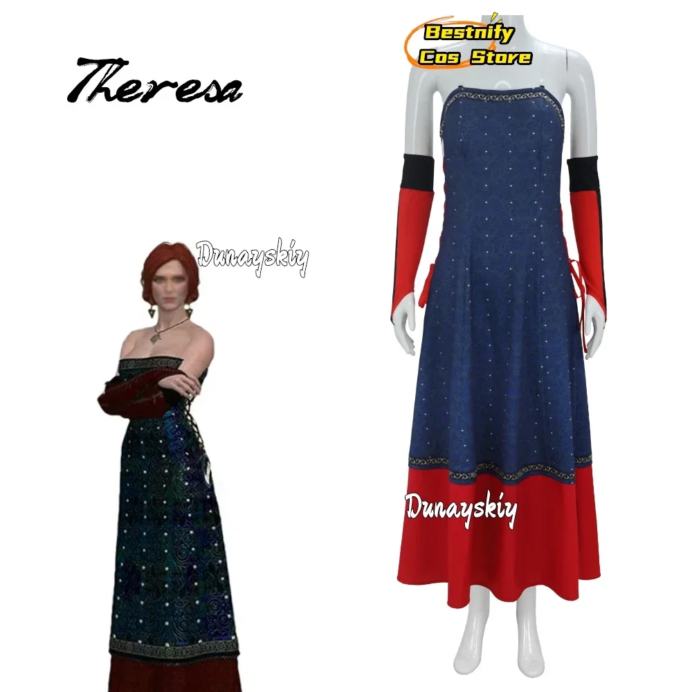 CosplayGame Triss تأثيري ميريجولد زي حمالة فستان مثير قفاز موحدة شعر مستعار أحمر مجموعة أنيمي تريس لعب الأدوار الدعاوى النسائية الدكتور