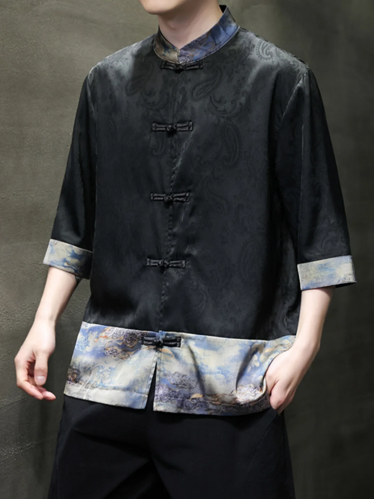 

Ice Silk Men's irt ort Sve Embroidered Patchwork Turn-down Collar Thin New Chinese Sle Summer Faionable Casual Wear