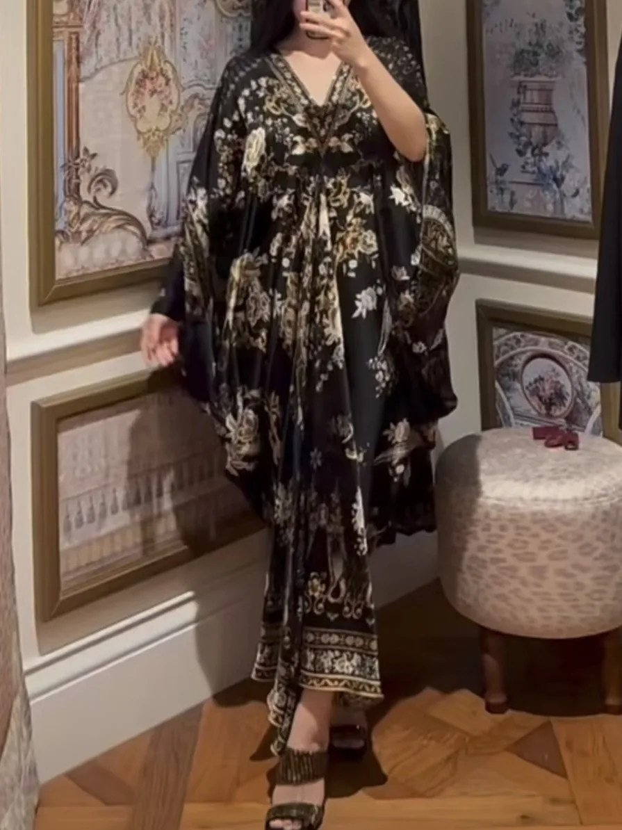 

Crystal Beaded Women Flower Print Maxi Dress V-Neck Batwing Sleeve High Waist Loose Silk Robe