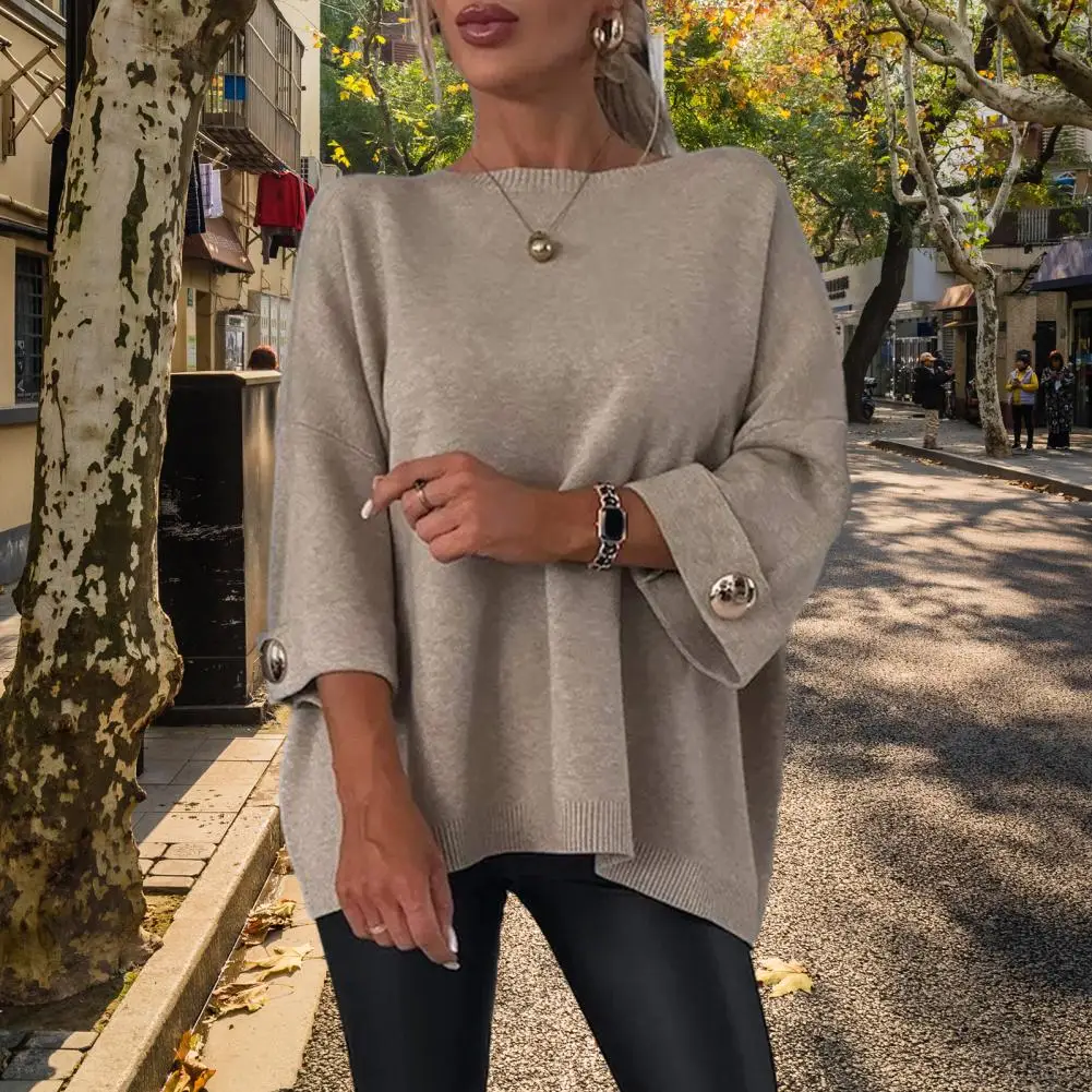 Women Round Neck Shirt Long Sleeve Casual Sweater Jacket With Bright Button Cuffs Loose Knit Top For Daily Wear