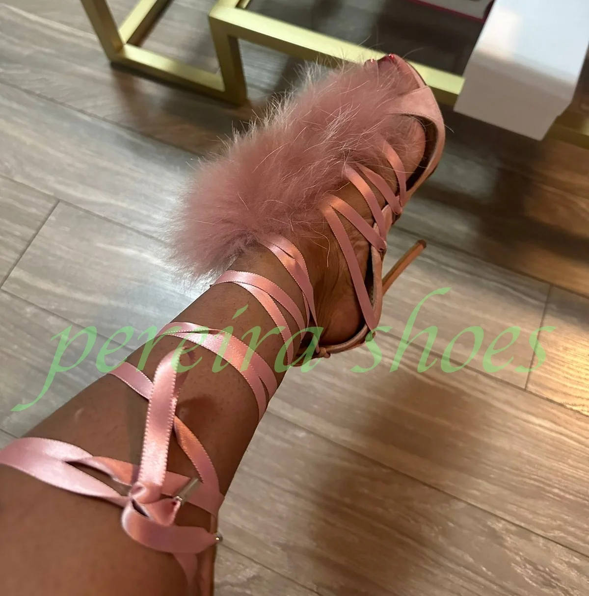 

Lady Elegant Pink Fur Suede Lace-Up Pumps Hollow Design Open Toe Fur Satin Lace Cover Heel Fall Gladiator Style Sandals Size 46