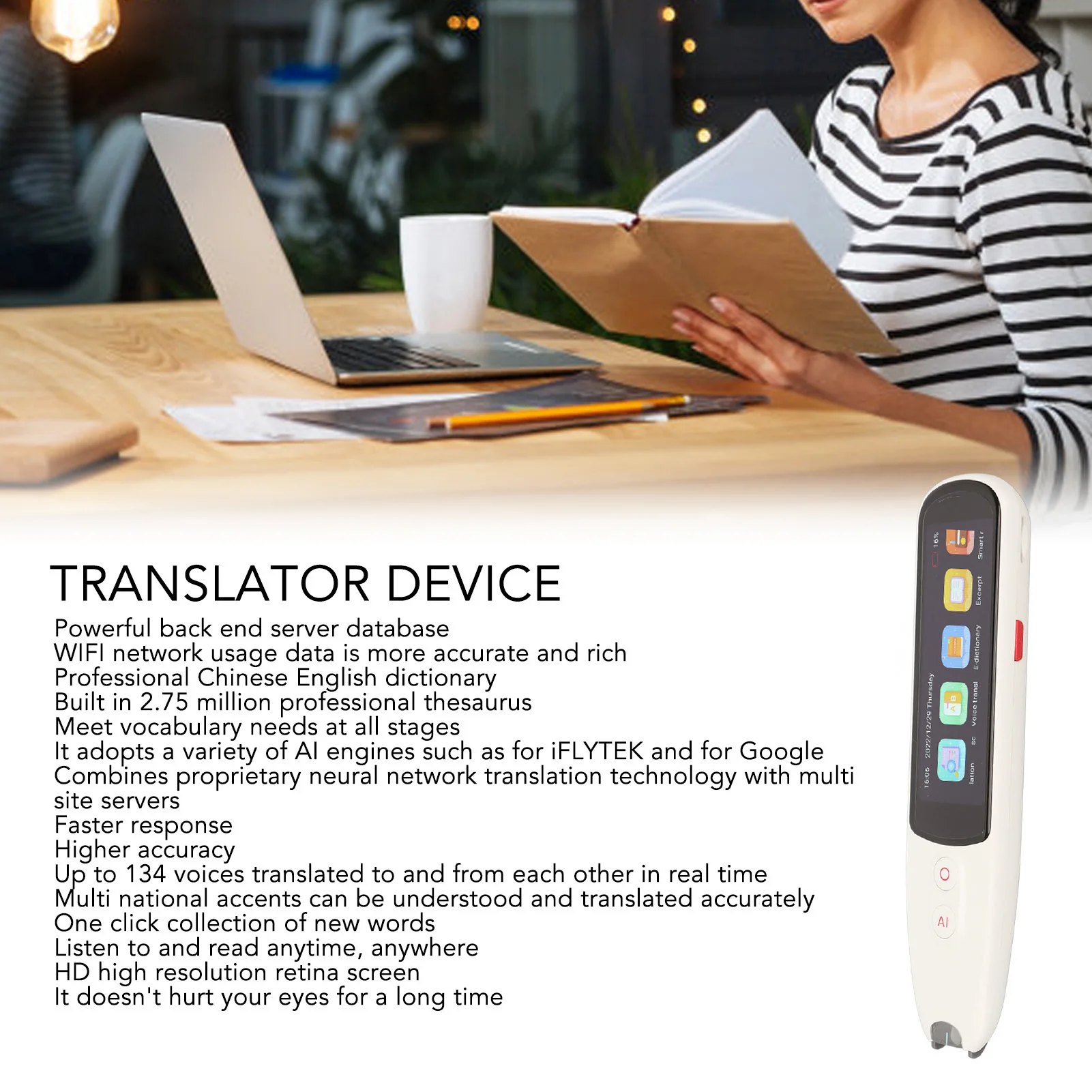 

3 inch Touch Screen Language Translator Pen Smart 134 Languages WiFi Portable Scan Translation Pen for Learning Business Travel