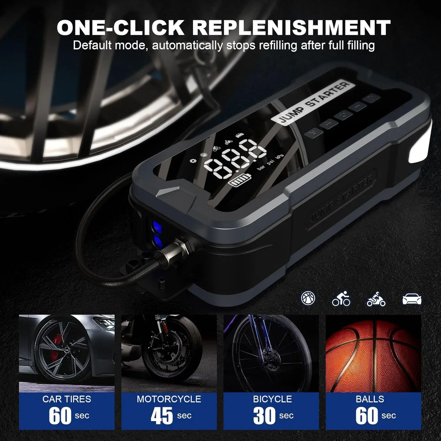 Arrancador portátil 4 en 1 para automóvil: 3000 A, compresor de aire de 150 PSI, banco de energía de 24000 mAh, linterna de 3 modos