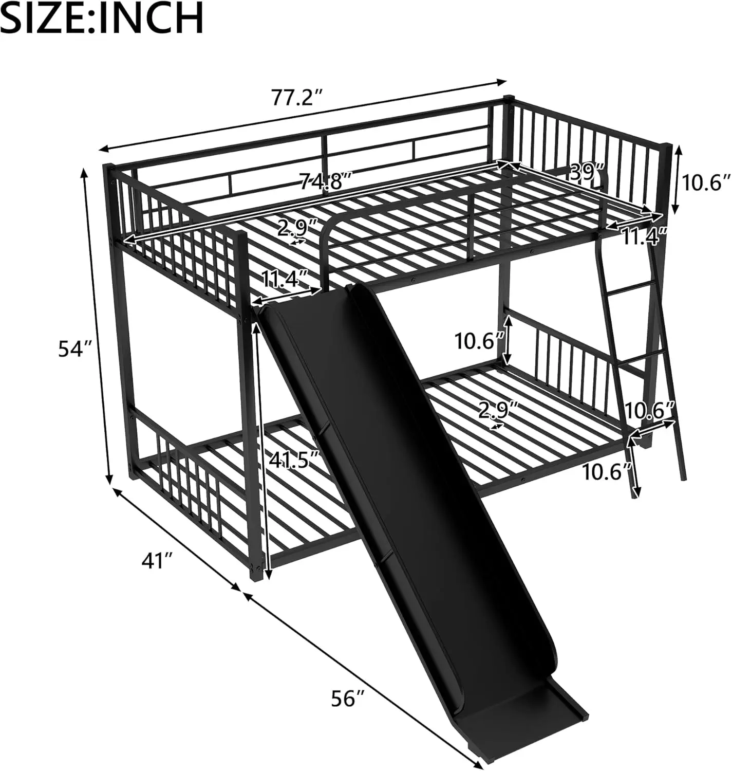 Lits superposés bas en métal de taille jumelle avec glissière d'échelle, cadre de lit en bois de chambre à coucher avec garde-corps en forme de clôture pour garçons et filles