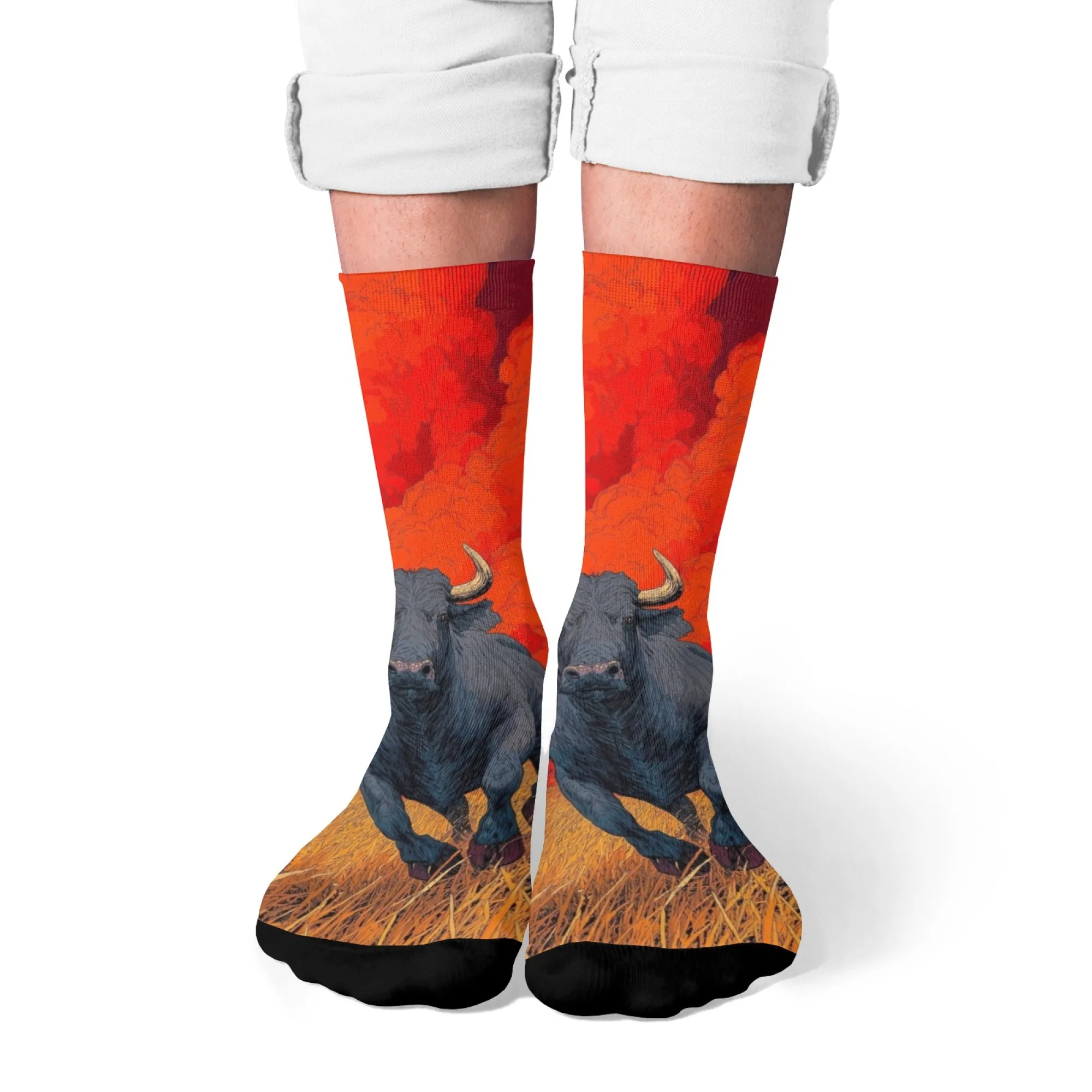 Künstlerische, trendige, modische Wild-Bull-Crew-Socken, Stier-Detail mit Vintage-Tönen, weich, dehnbar, für tägliche Freizeitkleidung und Tierliebhaber