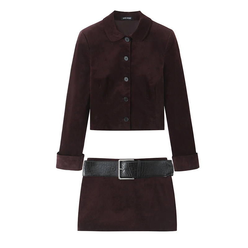 

Winter Autumn Two Piece MIni Skirt Dress Set Velvet Suit Long Sleeve Coat+Belt Low Waist Mini Skirt Two Piece Mini Skirt