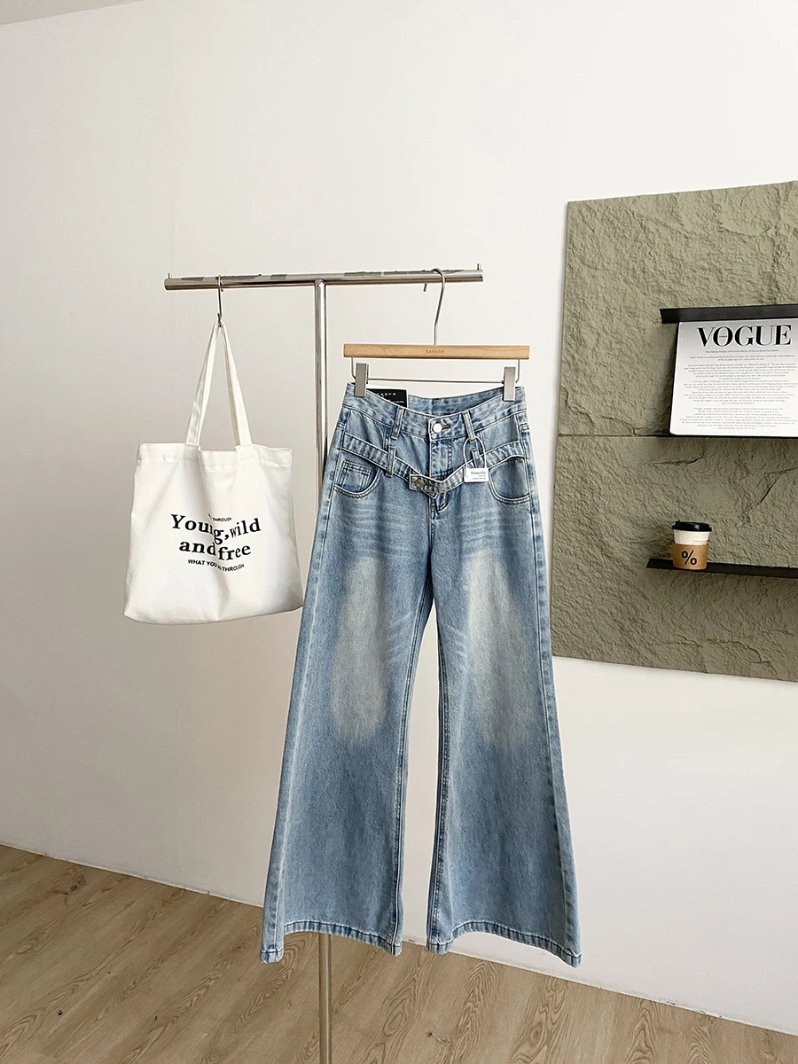 

Женские джинсы с высокой талией и широкими штанинами в стиле ретро, синие, стройнящие, универсальные, длинные брюки в пол, весна 2026