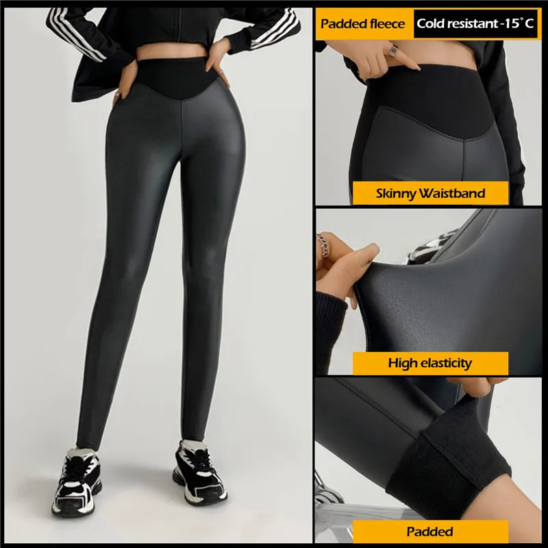 Calças pretas femininas de cintura alta, calças justas quentes de inverno, leggings sexy de couro PU, calças skinny forrado de lã Sharkskin