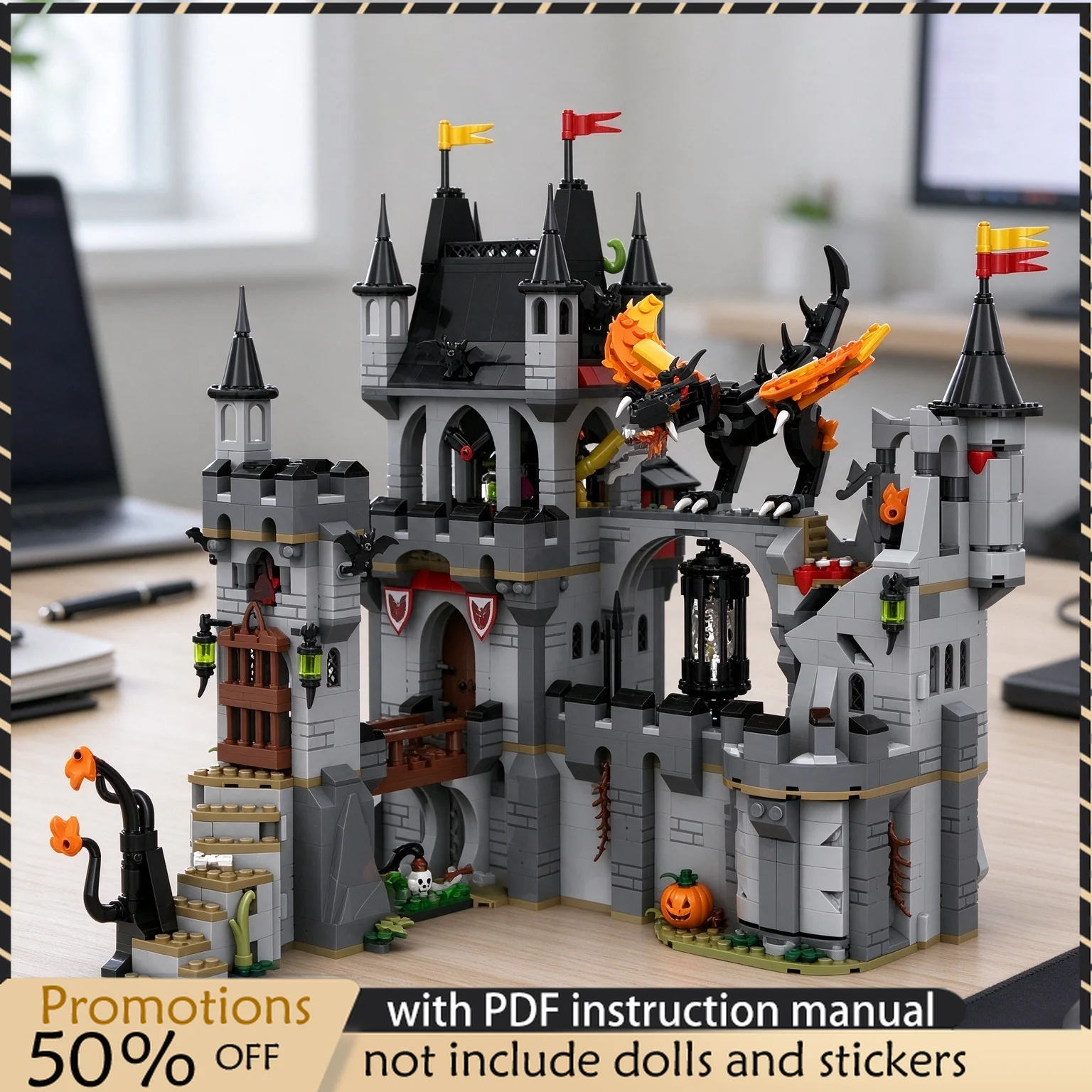 2014PCS MOC Dark Knight's Lair Medieval Gothic Castle Model Building Blocks DIY Assembly Toy Adult Collector Collection Desktop