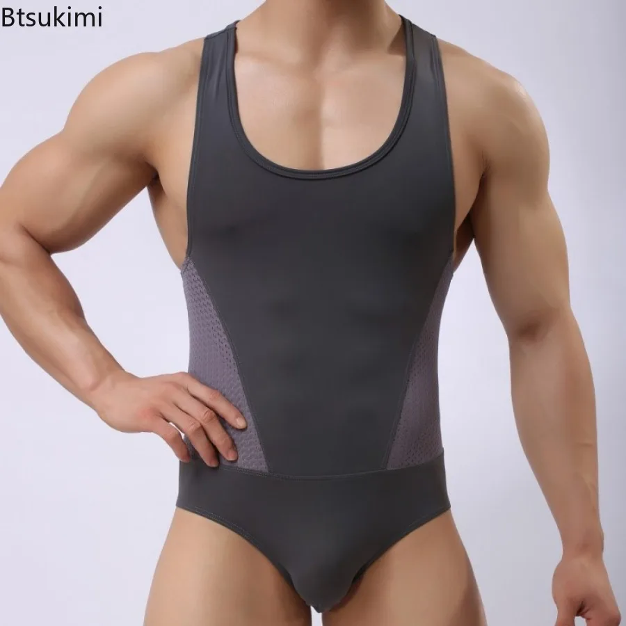 2026 Men's Tight Fitting Jumpsuits Fashion High Elastic One-piece Shapewear Ice Silk Body Building Singlet Underwear Vests Male