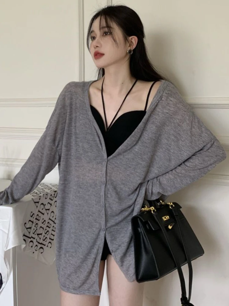 Long Sleeve T-shirts Women Solid Loose V-neck Cozy Thin Summer Sun-proof Design Spring Футболка Женский All-match Ulzzang Style