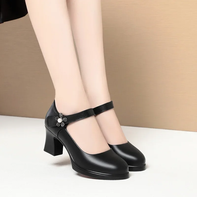 2025 Fashion Black Shallow Mouth Buckle Round Head Shoes for Women Bombas De Mujeres Female Office Model Pumps