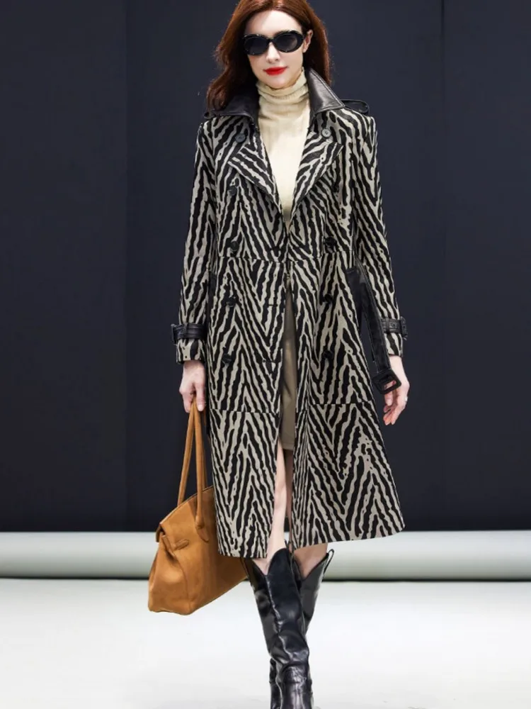 ผู้หญิงยาว Sheepskin หนังแท้เสื้อคู่ Breasted Belted สำนักงานสุภาพสตรีแฟชั่น Zebra Stripe Windbreaker Coat