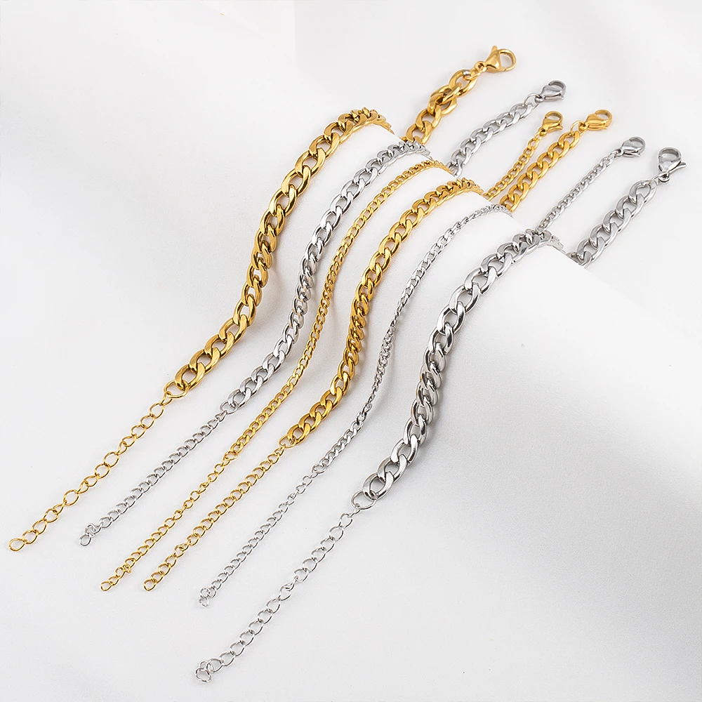 Bracelet en acier inoxydable pour hommes, largeur 3mm 5mm 7mm, chaîne cubaine, chaîne d'extension réglable, fermoir à homard, bricolage, fabrication de bijoux, 5 pièces, 2 pièces