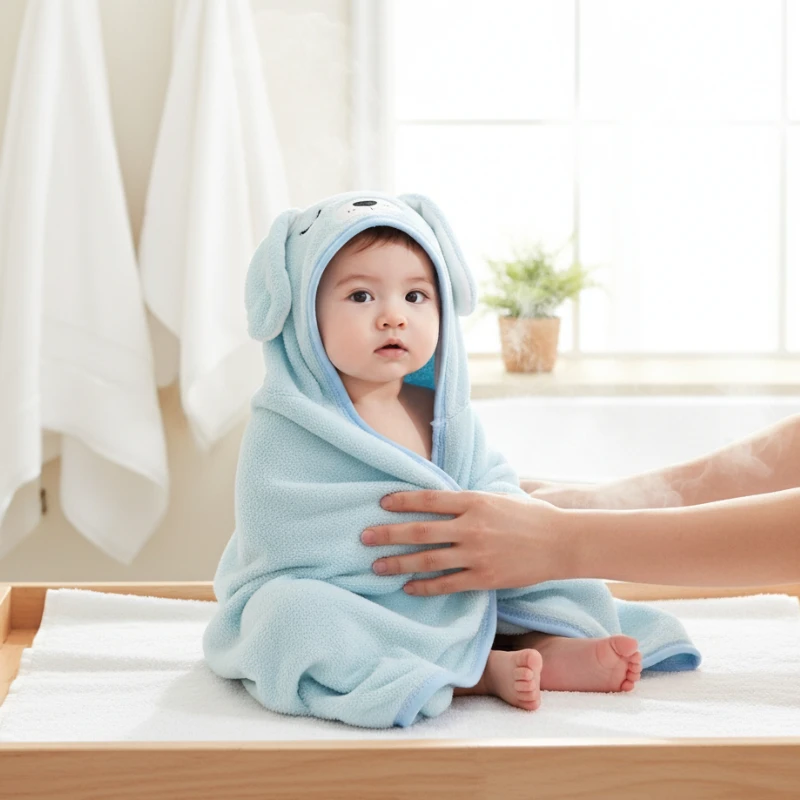 Cozy Hooded Bath Towel for Babies Plush Cartoon Animal Design Gentle Toddler Blanket Perfect for Home Bath and Bedtime