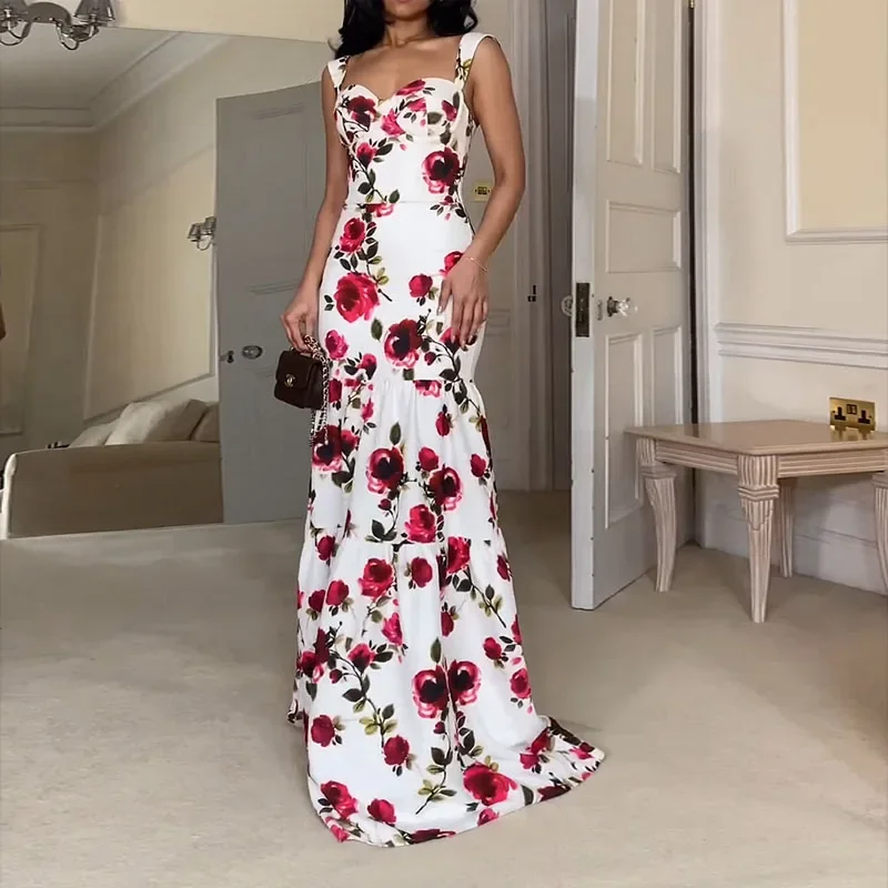 Wefads Women Maxi Dress Elegant Sleeveless V Neck Suspender Backless Floral Printed Nipped Waist Party Long Dresses Streetwear