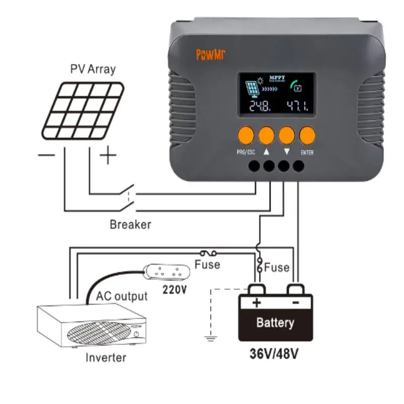 PowMr 10A Boost MPPT Solar Charge Controller Suitable for 24V/36V/48V/60V/72V Lead-acid LiFePO4 Battery Max PV 400W LCD Display