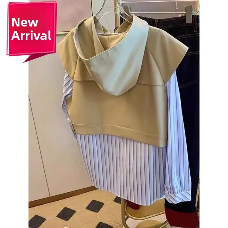 大きいサイズのパーカー、ロングスリーブ、レタープリント、レディース、フェイクツーピースデザイン、カジュアルで快適なポリエステル繊維、春秋