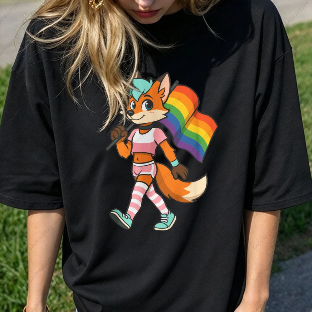 Pride Rainbow Flag Fox Furry LGBTQ Graphic Women Casual Short Sleeve T-Shirt Vibrant Gay Pride Parade Ally Festival Gift Top