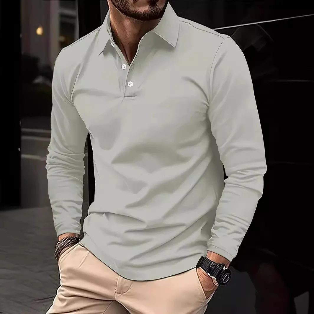 Classic men's simple solid color lapel POLO shirts Spring autumn business leisure outdoor travel friends party long sleeve tops