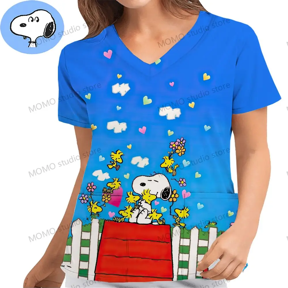 Snoopy Shirts Pocket Cute Women's V Neck Nurse Uniform T-Shirt Y2k Clothes Hospital Cheap Top S-2XL Tops for Women Short Sleeve