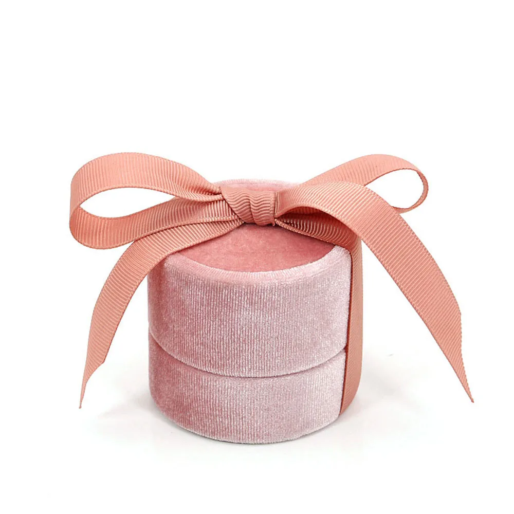 Pink Ribbon Bow Velvet Jewelry Box Round Wedding Ring Box Necklace Pendant Storage Box Jewelry Packaging Display Gift Box