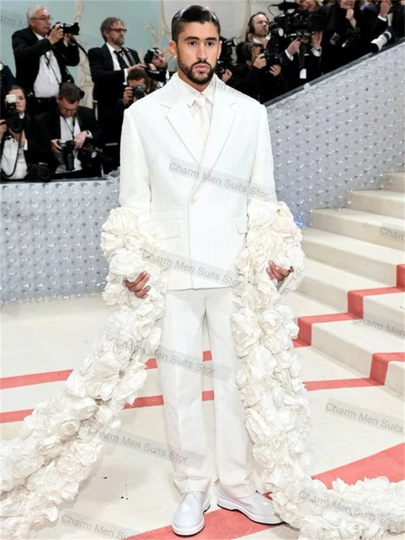 Conjunto de trajes formales blancos para hombre, chaqueta hecha a medida con flor 3D, esmoquin de boda, alfombra roja, abrigo de graduación, 2 piezas