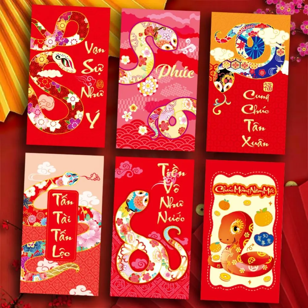 6PCS Vietnam 2025 New Year Red Envelope Blessing Best Wishes Snake Pattern Money Envelope Money Bags HongBao Lucky Money Pockets