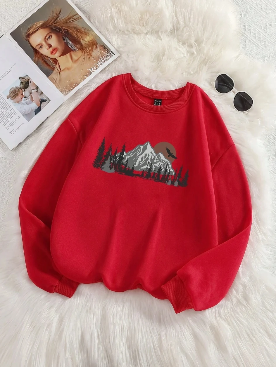 Forests&mountains Printing Sweatshirts Women Harajuku Soft Pullover Fashion Warm Clothing Loose Crewneck Fleece Female Hoodies