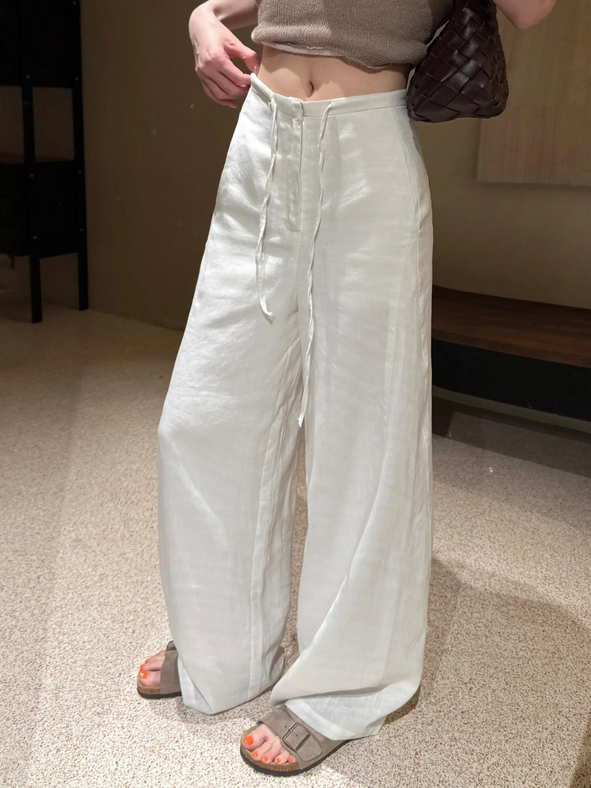 High Waist Slim Fit Linen Wide Leg Pants Women Summer Casual Floor Length Trousers Comfortable Loose Style Commute Fashion