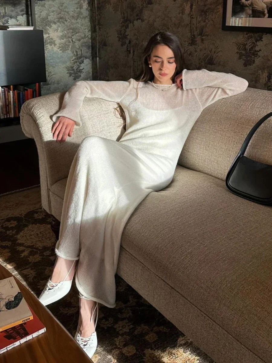 O-hals elastische gebreide lange jurk hemdje rok dames chique zachte dame uitholling trui jurken 2-delige sets