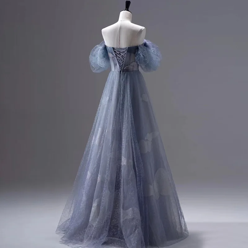 Abito da sera elegante blu, cinturino nuovo stile da donna, abito da sposa di lusso francese per adulti di compleanno di fascia alta di nicchia, toast