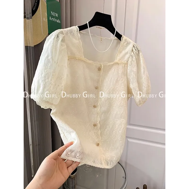 Chic Embroidery Lace Blouse Women Tops 2023 Summer Cutout Vintage Square Collar Causal White Shirt Women Blusas