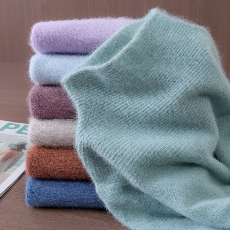 หนาสีทึบ Mink CASHMERE เสื้อกันหนาวฤดูใบไม้ร่วงและฤดูหนาวผู้หญิงกึ่งสูงคอหลวม Jacquard เสื้อขนสัตว์ Bottoming เสื้อ