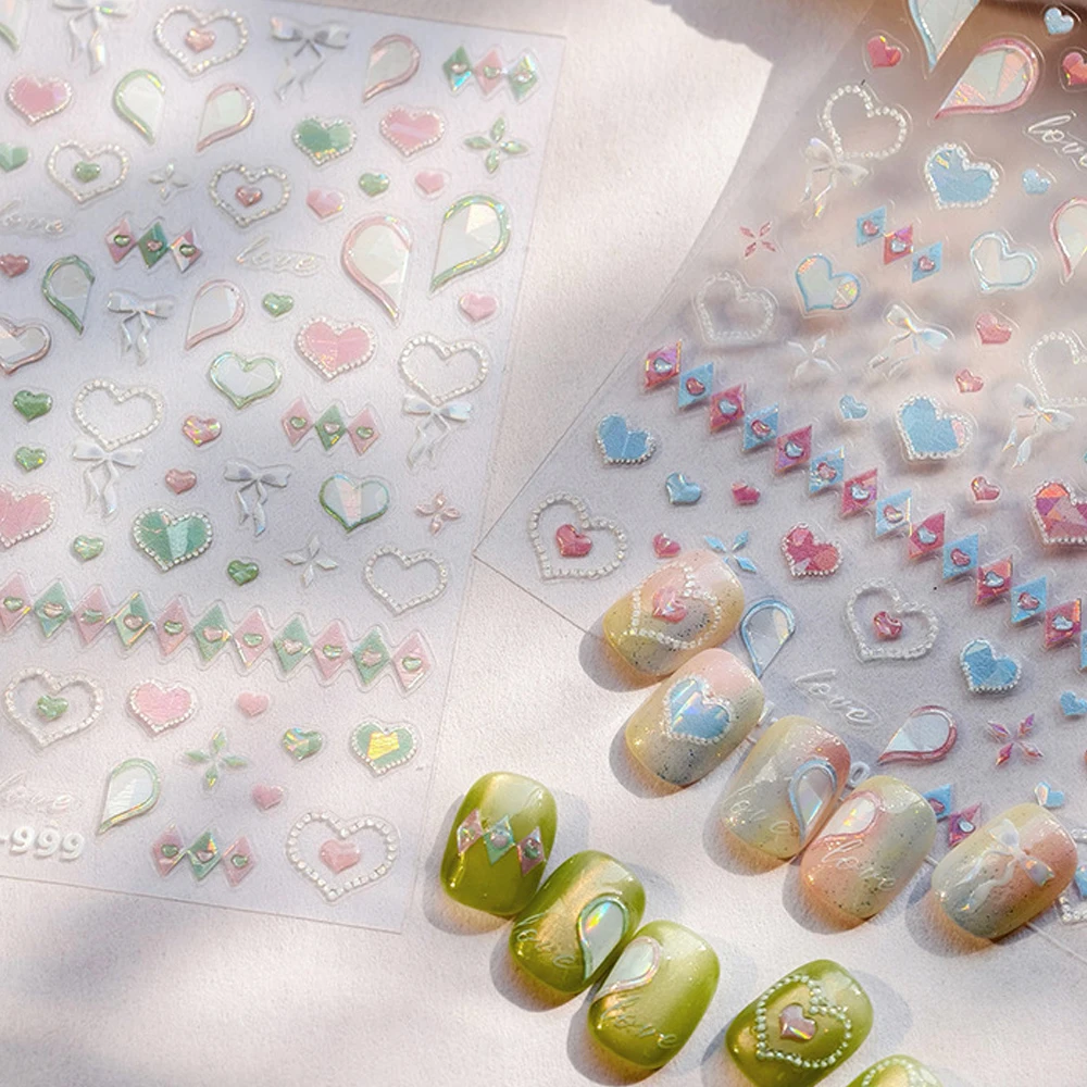 

5D Gradient Broken Love Heart Bowknot Rhombus Shiny Charming Heart-shaped Nail Art Stickers Adhesive Decoration Manicure Decal