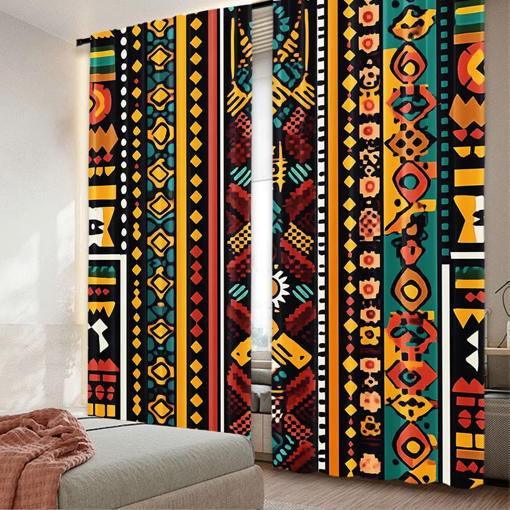 2Pcs Kente Pattern Curtain Vertical Borders Inspired By Timeless Cultures Geometrical Design For Living Room Bedroom Dining Room