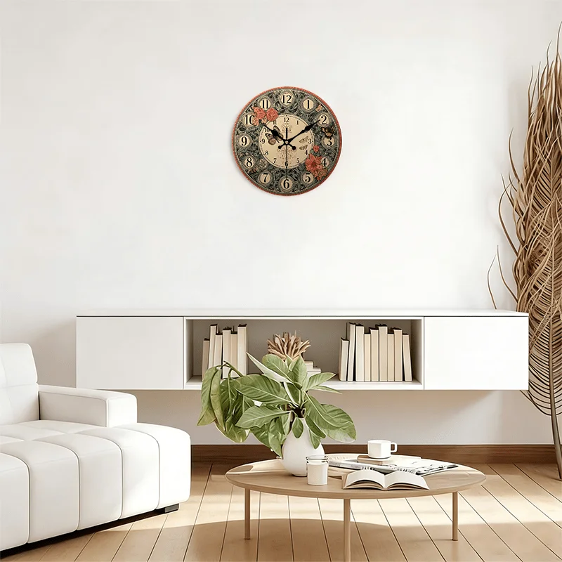 2D Flat. 1pc, Vintage Pattern Wooden Wall Clock, Essential Living Room Decor, Silent Round Clock, Perfect Decoration for Bedroom, Living Room, Office, Kitchen, and Bathroom, 30.48 cm, AA Battery Not Included, 2D Flat
