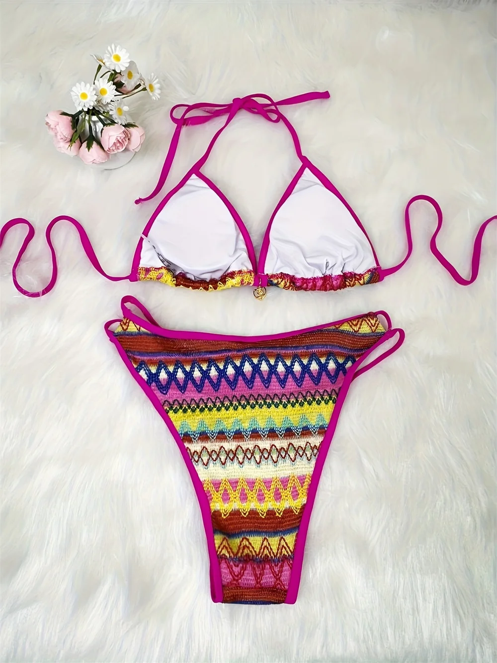 Vintage Knitted Color-block Bikini Hollow Out String Pendant Swimsuit Women Backless Swimwear Thong Vacation Outfit Bathing Suit