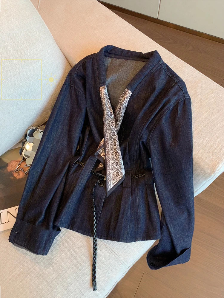 

Ele Vintage k Blue Silk Scarf V-Ne Tied irt Women's Faion Slimming Top Thin Autumn High-End Casual Loose Fit