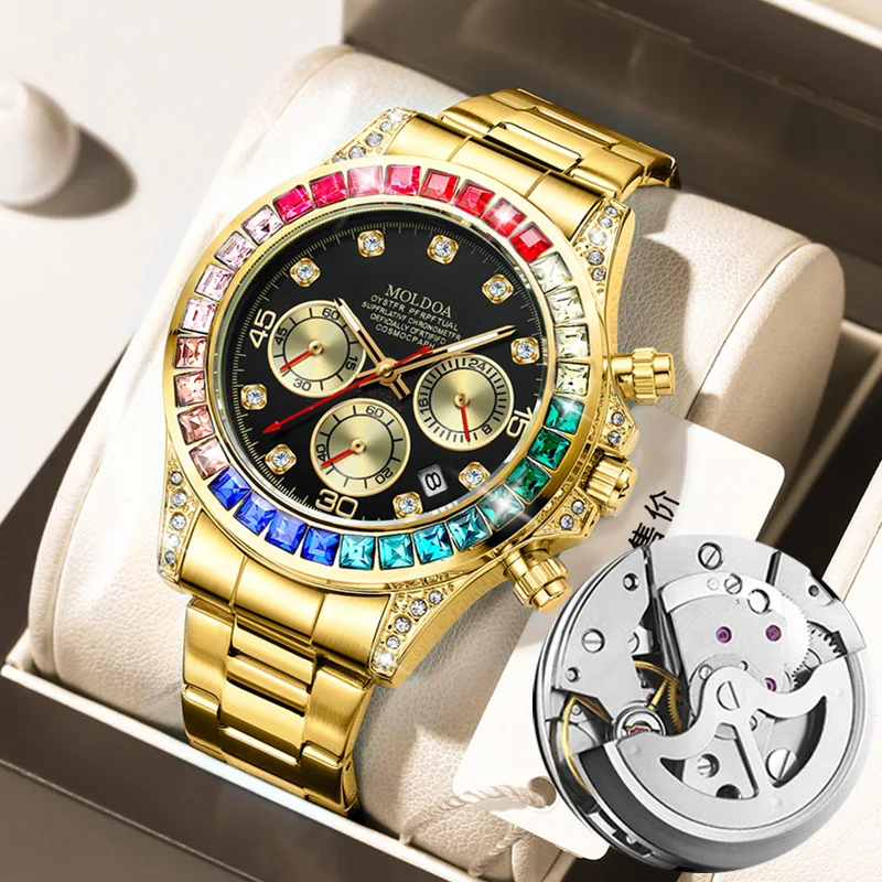 Rainbow Di Hollow Mechanical Watch Men's Luminous Calendar Bilateral Butterfly Buckle Watch New Fashion Waterproof Watch