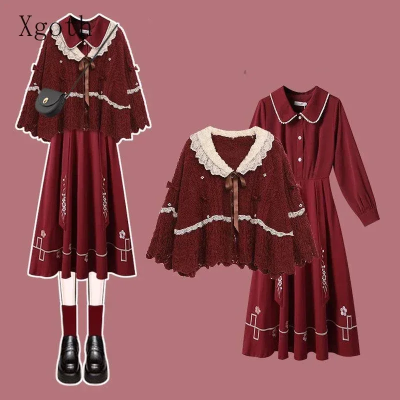 

Winter Read Sweater Suit Women New New Year's Wear Christmas Red Peter Pan Collar Knit Shawl Shirt Dress Two-piece Set Chic