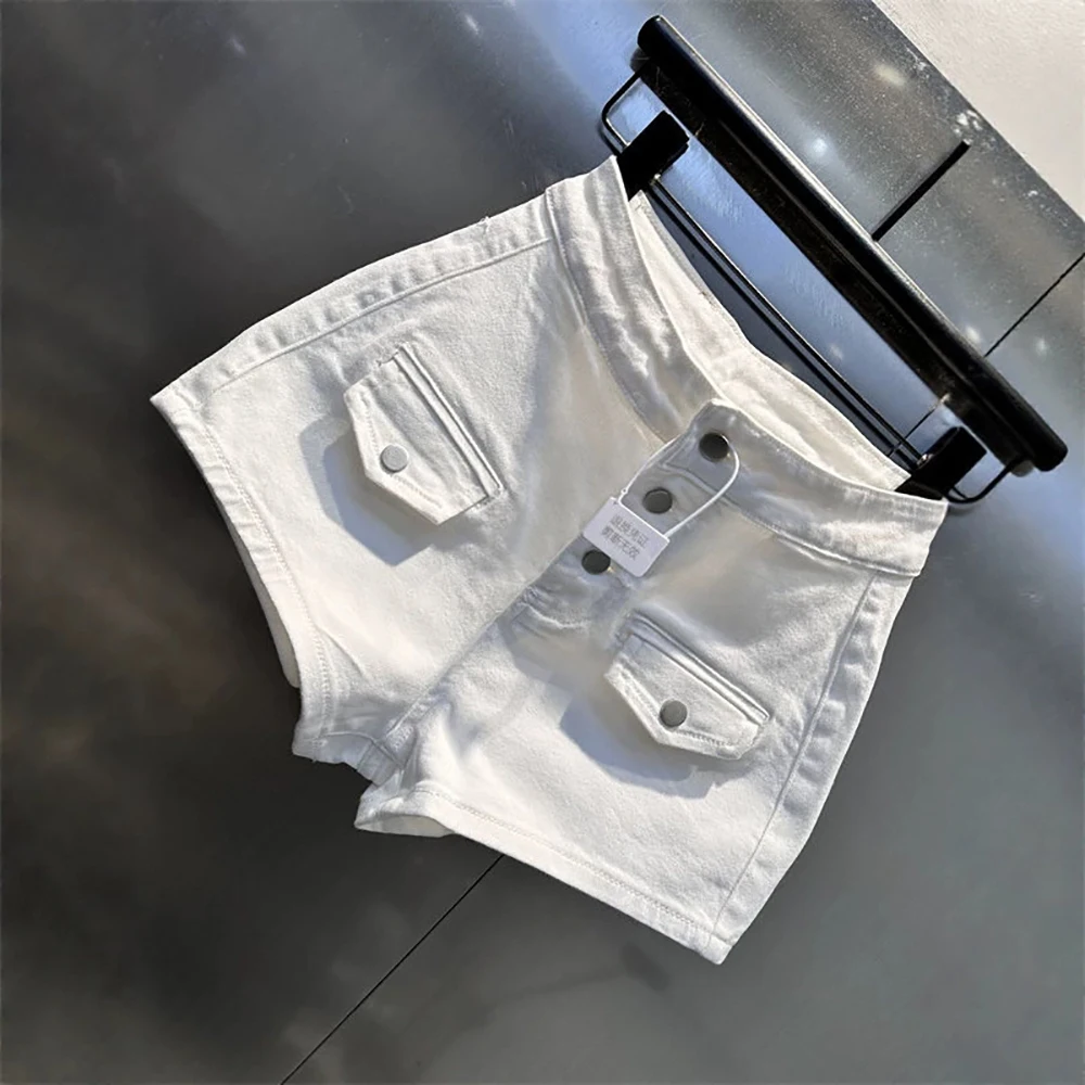 Women High Waist White Denim Shorts Summer Multi Button Flap Pocket Slim Fit Stretch Shorts Streetwear 2026 New Hot Pants