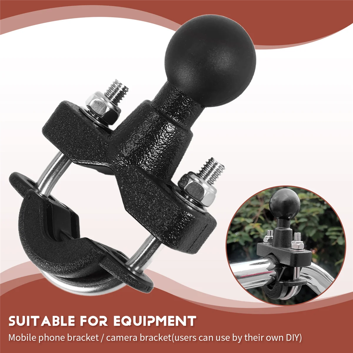 Motorcycle Handle Bar Rail Mount 37mm Width U-Bolt Mounting Base with 1 Inch Ball for GPS Work for