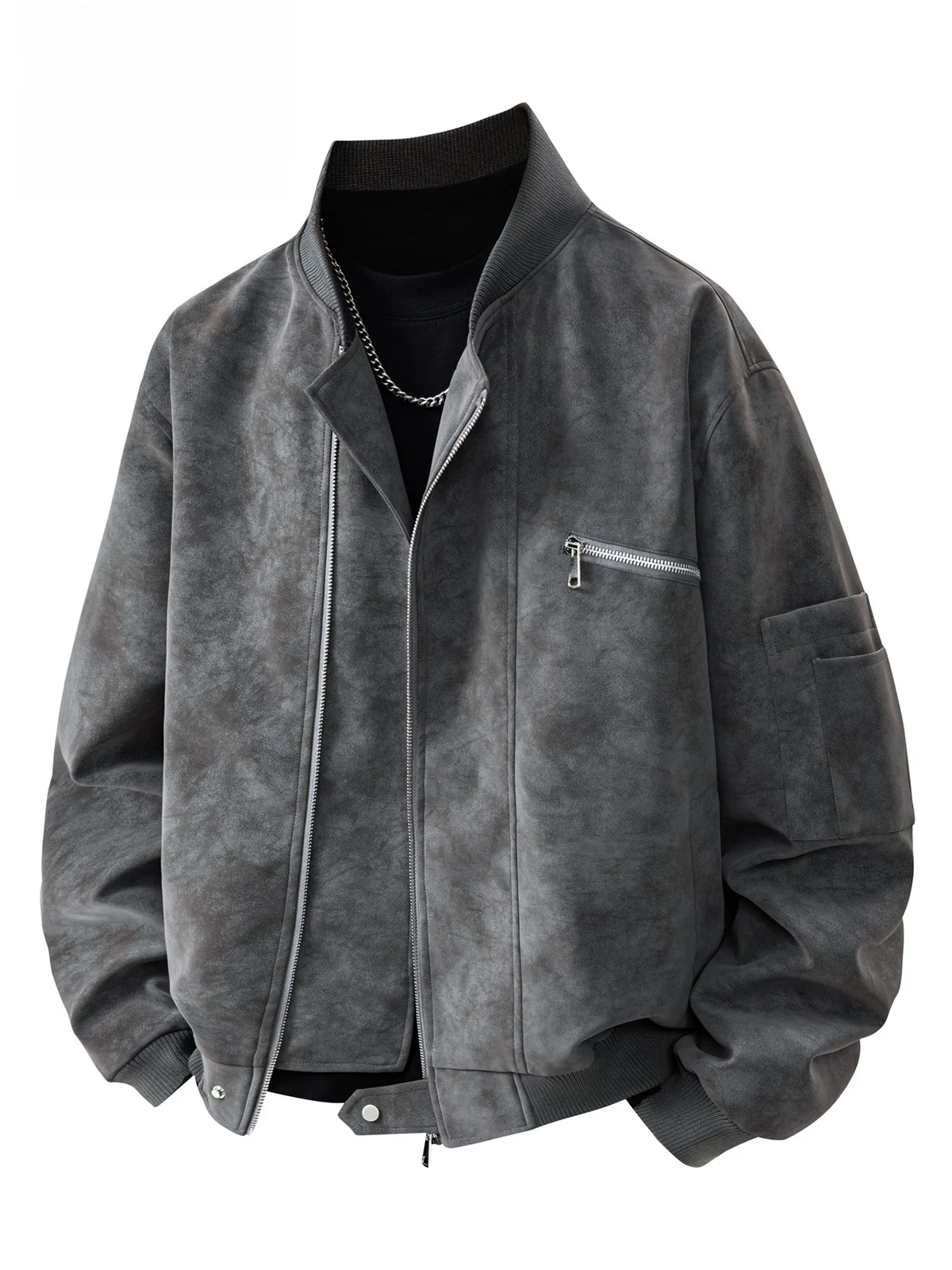 

Spirit Men's Stand Collar Suede Jaet Trendy American Sle Winter Outerwear Long Sve Zipper Closure Casual Coat