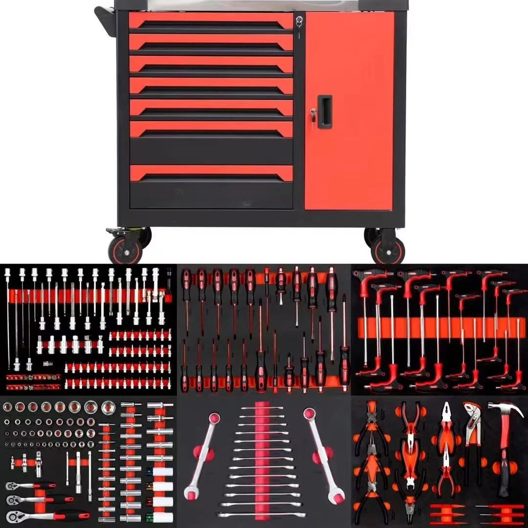 صندوق أدوات فولاذي أحمر قابل للقفل مكون من سبعة أدراج مكون من 258 قطعة مجموعة أدوات حديد شديدة التحمل مع باب لمتجر إصلاح السيارات ودعم OEM