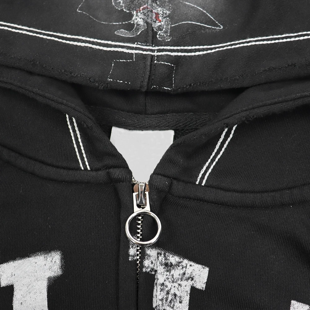 Y2k American Streetwear Retro Letter Graphic Zip Up Hoodies with Embroidery Hiphop Street Style Cotton Distressed Casual Hoodies