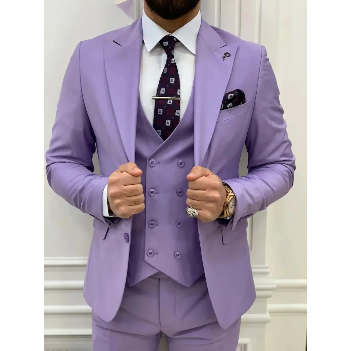 Light Purple Men\'s Suits  Elegant Full Set Single Breasted Peaked Lapel Formal Outwear 3 Piece（Jacket+Pants+Vest) Costume